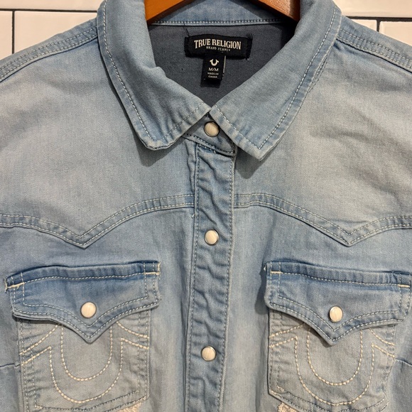 True Religion Light Blue Denim Western Shirt with Lace Accents M - Picture 3 of 5